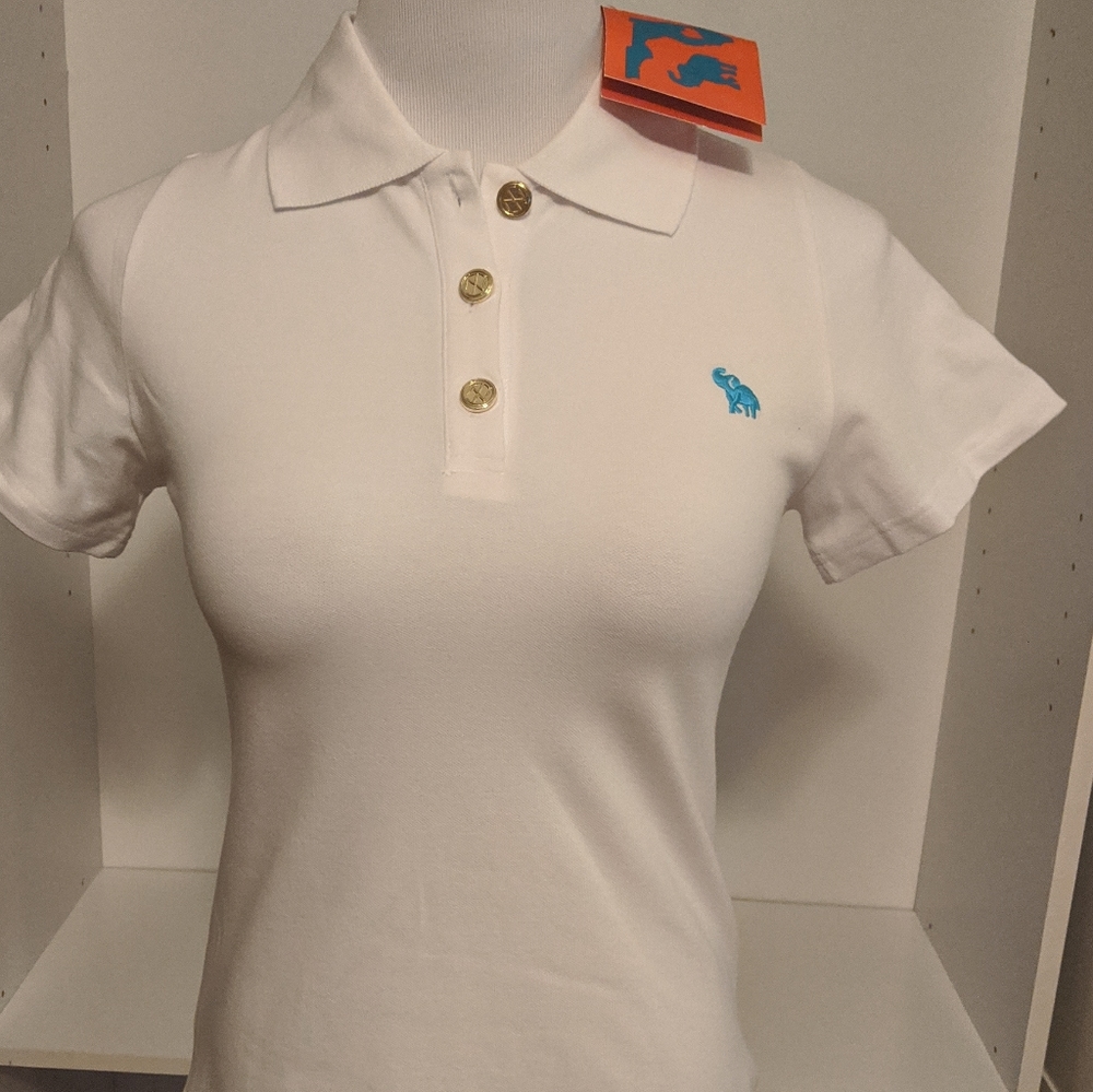 White collared "polo" style. Turquoise elephant
